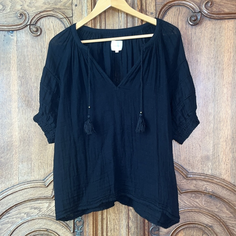 Sundays Colette Eyelet Puff Sleeve Blouse Top Womens 3 Black Cotton Tasseled - Picture 7 of 16